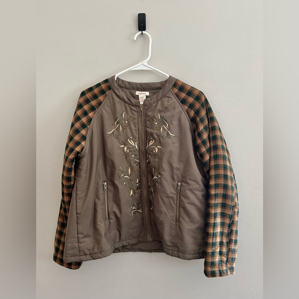 Sundance Women's Plaid Embroidered Army Green Full Zip Jacket | Size Medium